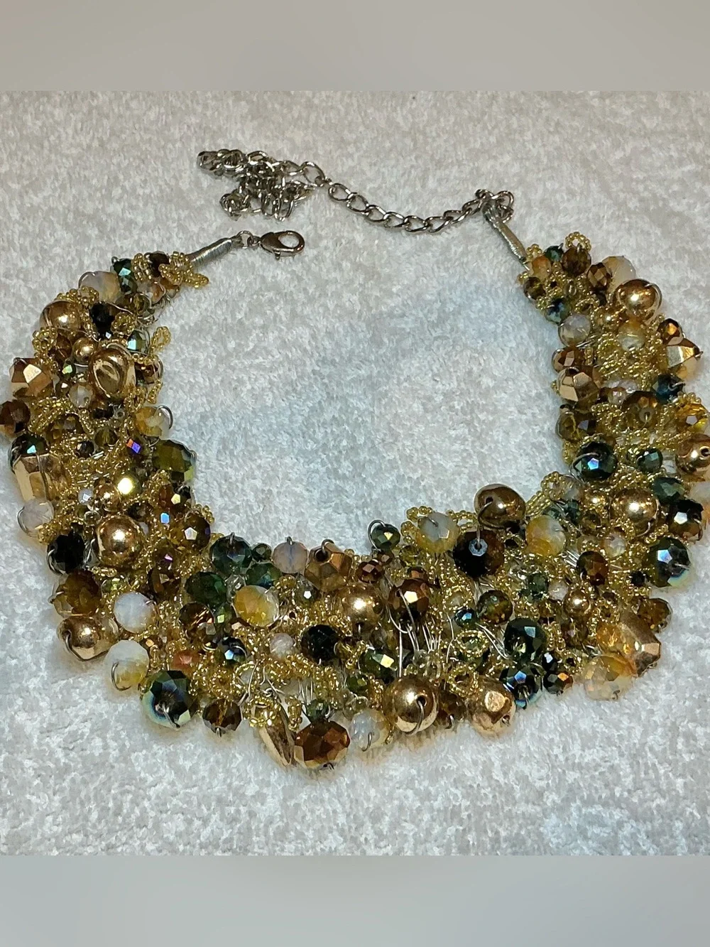 ALDO Champagne Beaded Statement Bib Necklace Glass, Rhinestone, Seed Beads